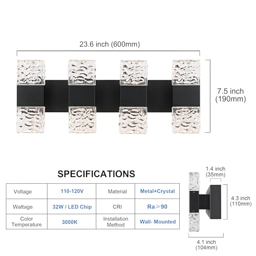 MELUCEE LED Bathroom Vanity Light 32W Crystal Vanity Light Bar 23.6 in | Modern Black Bathroom Light Fixtures Crystal Wall Sconce for Bath Powder Room Entryway, 3000K Warm Lighting - color: Black, size: 4 Lights