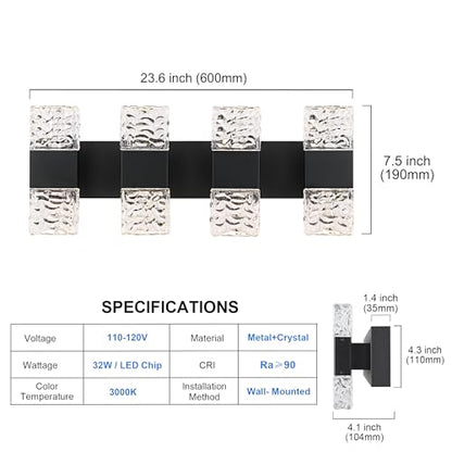 MELUCEE LED Bathroom Vanity Light 32W Crystal Vanity Light Bar 23.6 in | Modern Black Bathroom Light Fixtures Crystal Wall Sconce for Bath Powder Room Entryway, 3000K Warm Lighting - color: Black, size: 4 Lights