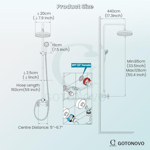 gotonovo Exposed Shower System Wall Mount,Polish Gold,Metal Handheld | 8” Rain Shower Head Faucet Set Fixtures,2 Function,Two Cross Handle,Height Adjustable,for 5-6.7" Hole,Indoor Victorian Retro - color: Bright Gold