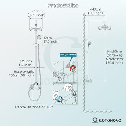 gotonovo Exposed Shower System Wall Mount,Brushed Nickel,Metal Handheld | 8” Rain Shower Head Faucet Set Fixtures,2 Function,Two Cross Handle,Height Adjustable,for 5-6.7" Hole,Indoor Victorian Retro - color: Nickel