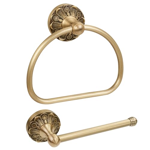 Brass Toilet Paper Holder Towel Ring, Antique Brass Towel Holder Toilet Paper Roll Holder, Rustic Towel Rack Bathroom Accessories Set Hardware 2 Pieces Farmhouse Wall Mounted - color: Antique Brass