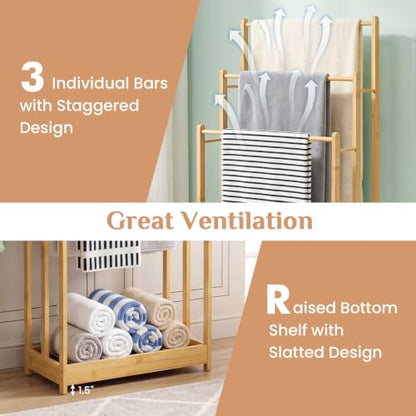 Giantex 3 Tier Free Standing Bamboo Towel Rack with Storage Shelf, Natural | Bath Towel Drying Stand, Blanket Holder for Living Room, Laundry, Bathroom, Poolside, 18" L x 9" W x 34" H - color: Natural