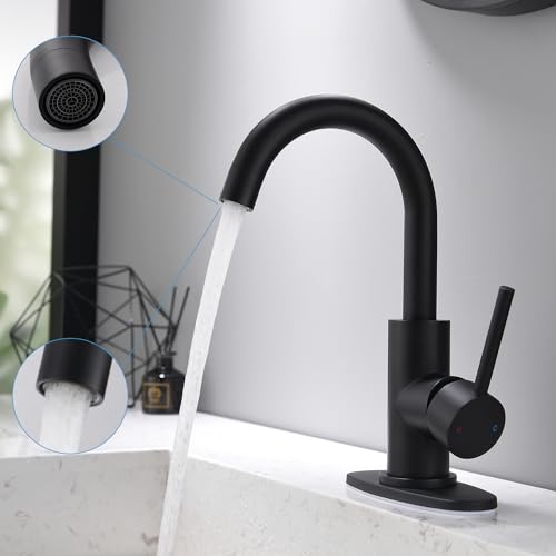 Black Bathroom Faucet | Matte Black Vanity Faucets with Pop-Up Drain, Modern Single Hole Bathroom Sink Faucets with Deck Plate Single Handle Lavatory Faucet 360° Swivel Spout Bar Sink Faucet - color: Black