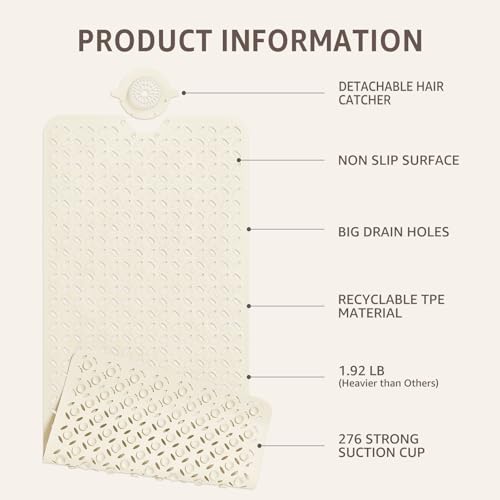 OTHWAY Bath Mat for Tub Non Slip: 39" X 17" Long Bathtub Mat with Hair Catcher│Big Drain Holes Shower Mats for Inside Shower│Machine Washable (Beige) - color: Beige