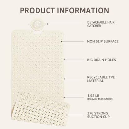 OTHWAY Bath Mat for Tub Non Slip: 39" X 17" Long Bathtub Mat with Hair Catcher│Big Drain Holes Shower Mats for Inside Shower│Machine Washable (Beige) - color: Beige