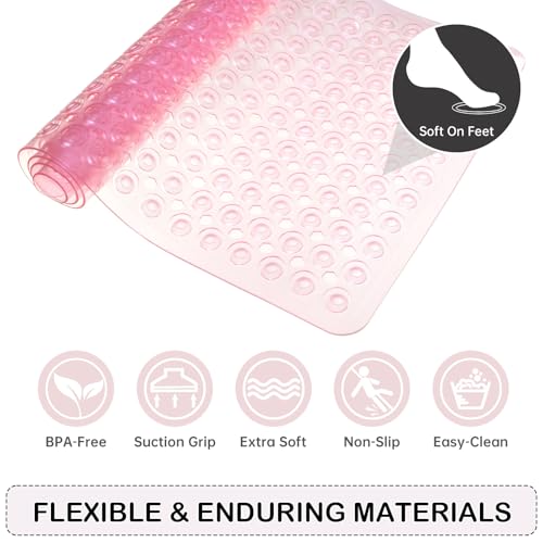 Non-Slip Bathtub and Shower Mats, Power Grip Bath Mat 35 x 16.3 Inch with Suction Cups and Drain Holes for Tub Bathroom Floor Safety, Machine Washable Soft Bathmat, Clear Pink - color: Clear Pink