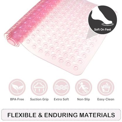 Non-Slip Bathtub and Shower Mats, Power Grip Bath Mat 35 x 16.3 Inch with Suction Cups and Drain Holes for Tub Bathroom Floor Safety, Machine Washable Soft Bathmat, Clear Pink - color: Clear Pink
