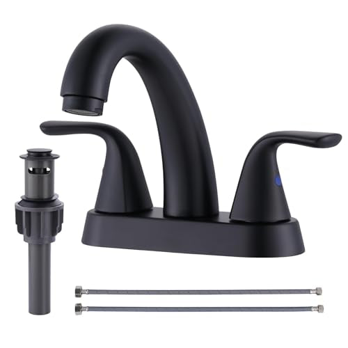 Black Bathroom Sink Faucet, 4 Inch Centerset Bathroom Faucet | ALEASHA 2 Handles Vanity Faucet with Pop Up Drain Stopper, RV Lavatory Vanity Faucets with Aesthetic Appeal - color: Matte Black