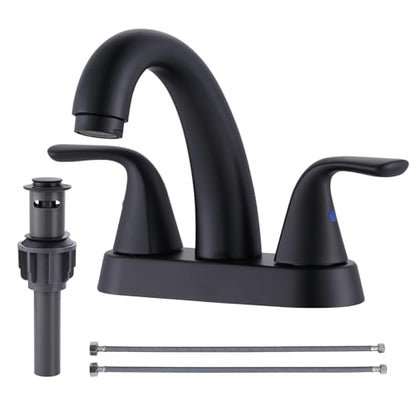 Black Bathroom Sink Faucet, 4 Inch Centerset Bathroom Faucet | ALEASHA 2 Handles Vanity Faucet with Pop Up Drain Stopper, RV Lavatory Vanity Faucets with Aesthetic Appeal - color: Matte Black