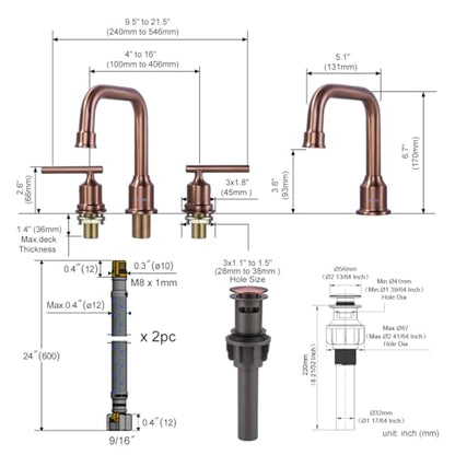 WOWOW Rose Gold Bathroom Faucet 3 Hole, Widespread Vanity Sink Faucets | Copper Inlet 8 Inich Faucet for Bathroom Sink with Swivel Spout, 2 Handles Lavatory Tap with Drain and cUPC Supply Line - color: Rose Gold, style: Upgrade-8 Inch