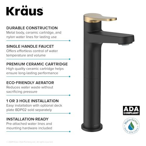 KRAUS Indy Bathroom Faucet for Vessel Sink in Spot-Free Brushed Brass/Matte Black with Single Handle, Pop Up Drain and Supply Lines, KVF-1410SFBBMB - color: Spot Free Brushed Brass/Matte Black, style: Vessel