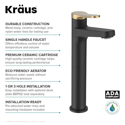 KRAUS Indy Bathroom Faucet for Vessel Sink in Spot-Free Brushed Brass/Matte Black with Single Handle, Pop Up Drain and Supply Lines, KVF-1410SFBBMB - color: Spot Free Brushed Brass/Matte Black, style: Vessel