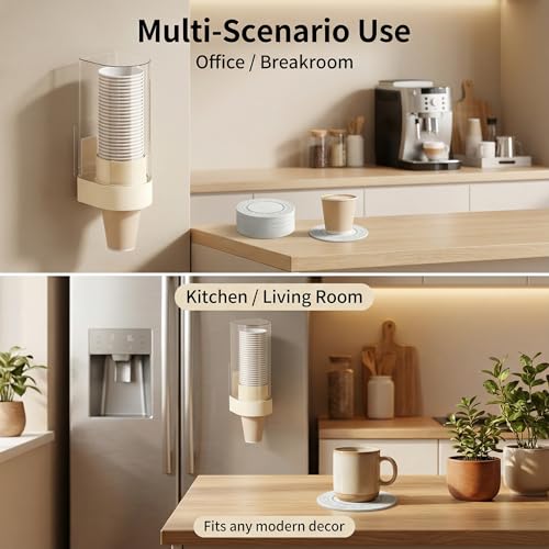 Cup Dispenser Wall Mounted, Large Capacity Bathroom Cup Holder for 4-6oz Cups, Dustproof Water Cooler Organizers with 50 Absorbent Coasters, Beige