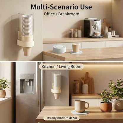 Cup Dispenser Wall Mounted, Large Capacity Bathroom Cup Holder for 4-6oz Cups, Dustproof Water Cooler Organizers with 50 Absorbent Coasters, Beige