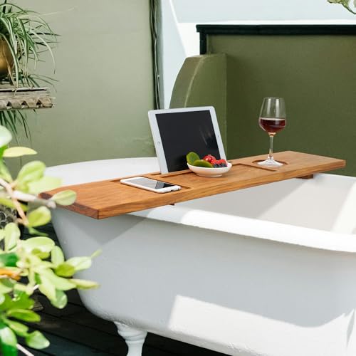 VaeFae Teak Wood Bathtub Tray Table with Wine and iPad Holder | Thoughtful design, Luxury experience, Smooth Surface, Multi-Slot Layout - size: 34.3" x 7.8" x 0.8"
