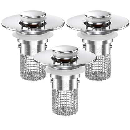 Bathroom Sink Drain Strainer, Pop-up Sink Drain Strainer with Removable Stainless Steel Strainer Basket Hair Catcher, Bathroom Sink Strainer for Bathroom Sink Stopper Replacement (3PCS) - color: Sliver-3