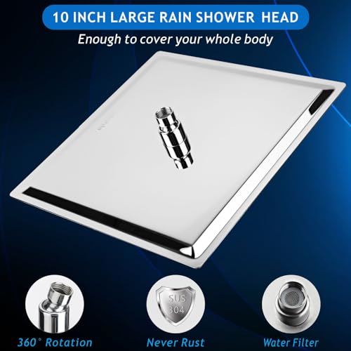 Voolan All Metal Shower Head with Extension Arm, Stainless Steel Waterfall Rainfall Showerheads, High Flow Bathroom Square Rain Shower Head (10’’ Shower Head with 16’’ Shower Arm, Chrome) - color: Chrome, size: 10’’ Shower Head with 16’’ Shower Arm