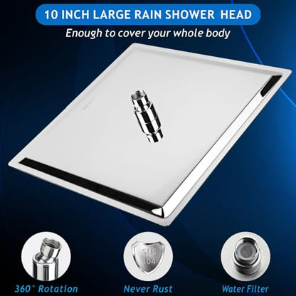 Voolan All Metal Shower Head with Extension Arm, Stainless Steel Waterfall Rainfall Showerheads, High Flow Bathroom Square Rain Shower Head (10’’ Shower Head with 16’’ Shower Arm, Chrome) - color: Chrome, size: 10’’ Shower Head with 16’’ Shower Arm