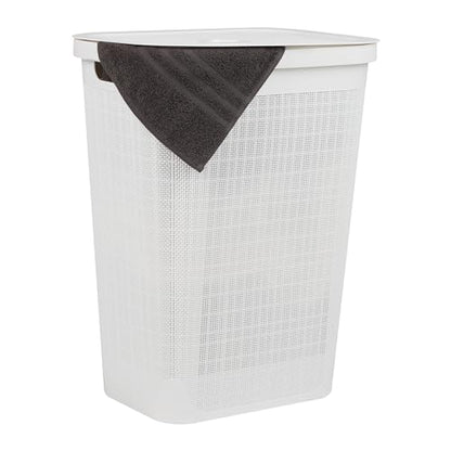 Mind Reader 60L Slim Laundry Hamper, Clothes Basket, Lid, Linen Design, Plastic, White - color: White