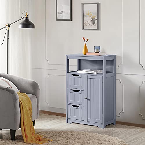 Topeakmart Wood Bathroom Floor Cabinet, Free Standing Storage Cabinet with 3 Drawers and Cupboard, for Hallway/Entryway/Living Room Accent Furniture, Gray - color: Grey