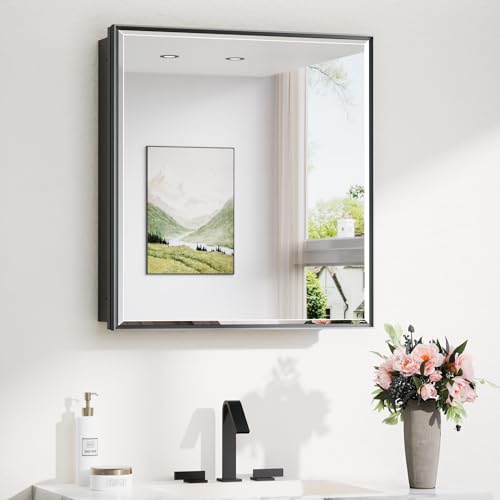 TokeShimi 24x26 Recessed Medicine Cabinet with Mirror Wall Mounted, Metal Beveled Mirror with Storage for Bathroom Vanity, Aluminum Alloy Medicine Cabinet Mirrored Black - color: Black, size: 24x26 IN