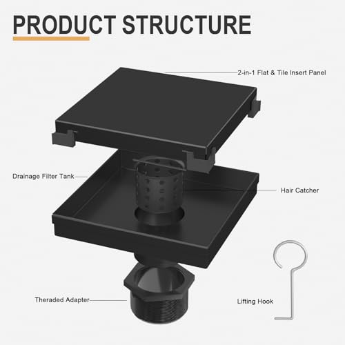 Linear Shower Drain - 6 Inch Matte Black, with Tile Insert Panels | AISI 304 Stainless Steel Shower Drain with Adjustable Feet, Hair Catcher, Rectangle Shower Floor Drain Fits Bathroom, Balcony - color: Matte Black, size: 6 Inch