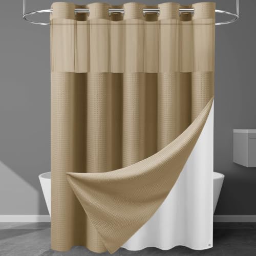 EUTXL Heavyweight Waffle No Hook Shower Curtain with Liner,Beige,71x74 | Snap in Liner, 256GSM Thick, Hotel Luxury Spa, Waterproof Fabric, Corner Magnets, 3 in 1 Set, Washable, Hang in Seconds - color: Beige, size: 71"W x 74"L (Pack of 1)