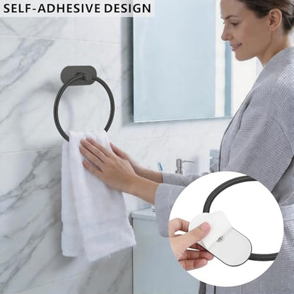 Self-Adhesive Towel Ring, No Drill Stainless Steel Round Hand Towel Holder, Rustproof Waterproof Towel Hanger with Strong Sticky Base, Modern Wall-Mounted Towel Loop for Bathroom Kitchen (Matte Black) - color: Matte Black