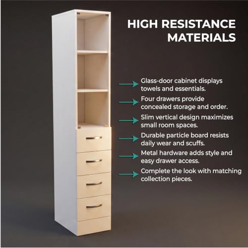 Tuhome Vanguard Tall Linen Cabinet, 68.3" Glass-Door Bathroom Linen Tower with 4 Drawers & 3 Open Shelves, Slim 12" Engineered Wood Linen Storage Cabinet