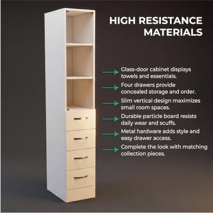 Tuhome Vanguard Tall Linen Cabinet, 68.3" Glass-Door Bathroom Linen Tower with 4 Drawers & 3 Open Shelves, Slim 12" Engineered Wood Linen Storage Cabinet