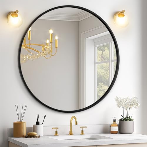 USHOWER 24 Inch Black Round Mirror for Over Sink | Circle Bathroom Mirror, Metal Frame Vanity Mirror, Modern Wall Mirror for Entryway Living Room - color: Black, size: 24"L x 24"W