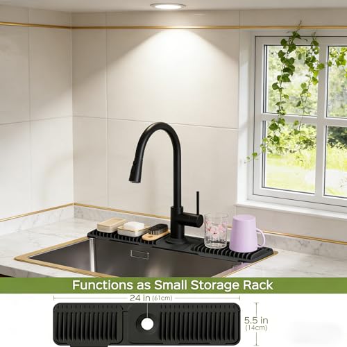 Silicone Faucet Mat for Kitchen Sink, Kitchen Sink Splash Guard Behind Faucet, Added Button Design to Effectively Prevent Water from Slipping Along the Faucet (Black, 24" x 5.5")