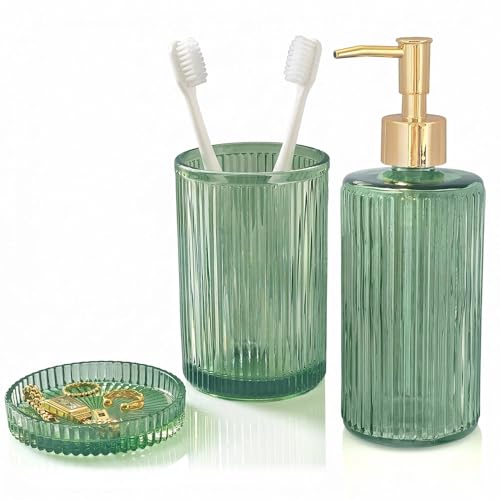 New Hensoar 3 Pcs Green Bathroom Accessories Set, Glass Bathroom Set | Bathroom Soap Dispenser, Toothbrush Holder Set, Jewelry Tray, Crystal Modern Bathroom Decor, Housewarming Gift Set - style: 3 pcsGreen