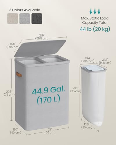 SONGMICS Laundry Basket, 44.9 Gal. Laundry Hamper, 2 Compartments, Easy Assembly, with Lid and Handles, Removable Inner Bags, 22 x 15.7 x 29.5 Inches, Dove Gray ULCB813G01 - color: Dove Gray, size: 170 L (2-Section)