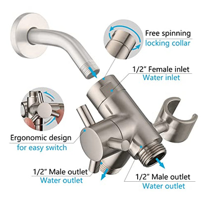 PDPBath Solid Brass 3 Way Shower Arm Diverter Valve with Handheld Holder for Dual Shower Heads with G1/2 Universal Connection - Brushed Nickel - color: Brushed Nickel-2