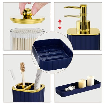XLHOMO Bathroom Accessory Set - Gorgeous Bathroom Set, 7PC Blue Bathroom Set, Soap Dispenser, Toothbrush Holder, Qtip Holder Set, Bathroom Sets Complete, Bathroom Sink Set for Home Decor - style: Navy Blue&Gold