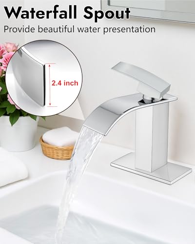 Midanya Waterfall Bathroom Faucet 1 Hole,Polish Chrome | with 24” Hoses,Pop Up Drain,6” Deck Plate,for 1 or 3 Hole Vanity,Lavatory,RV,Single Handle Bathroom Sink Faucet,NSF Certified - color: Chrome