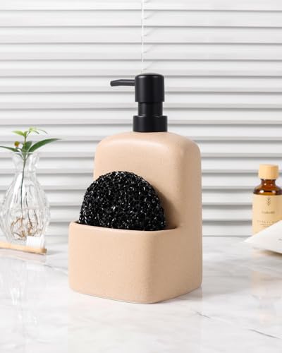 BosilunLife Dish Soap Dispenser - Linen Beige Ceramic Kitchen Soap Dispenser with Sponge Holder Matte Ceramic Soap Daddy Dispenser 20oz for Kitchen Soap Pump and Sponges Caddy - color: Linen Beige