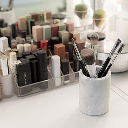 Marble Toothbrush Holder Makeup Brush Stand Bathroom Countertop Organizer | 100% Genuine Natural Marble, Durable and Sturdy, SPA Luxury Tumbler, Easy to clean, Multi-use Storage Cup, Non-slip Pads