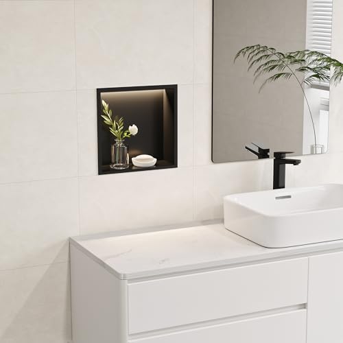 12"x12"Black LED Shower Niche,3 CCT Dimmable Light, No Tile Needed | 304 Stainless Steel Bathroom Niche w/ Light(3000K/4000K/6000K), IP66 Waterproof, Space Saving & Durable ,LED Driver Included - color: Matte Black, size: 12X12In