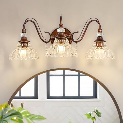 Vintage Bathroom Vanity Light, 3-Light Matte Antique Red Bronze Finish Wall Sconce with Hanging Crystal Accent and Flower-Shaped Clear Glass Shades, Retro Wall Mount Vanity Light Over Mirror - color: Antique Red Bronze, size: 3-Light