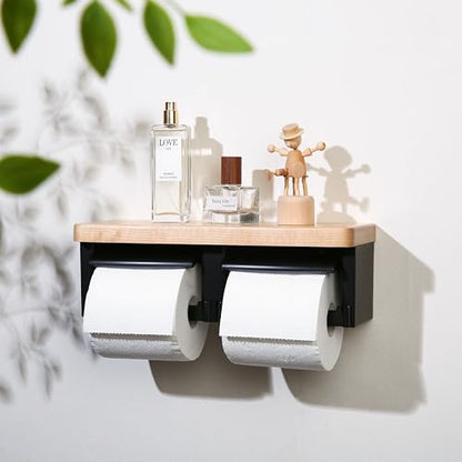Wooden Toilet Paper Holder, Wood Wall Mount Toilet Paper Holder, Large Toilet Paper Holder Wall Mounted with Storage - color: Wood White&black, size: Full