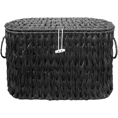 Coeusy Black Toilet Paper Basket with Lid,Wicker Toilet Paper Storage Stand,Large Narrow Bathroom Towel Basket Mega Roll Container Bin for Toilet Tank,Floor - color: Black