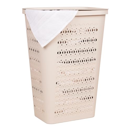 Mind Reader Slim Tapered Laundry Hamper with Lid, Clothes Basket with Swiss Cross Cut-Outs, Lightweight & Ventilated, Plastic, 16.75"L x 12.75"W x 23"H, Ivory - color: Ivory