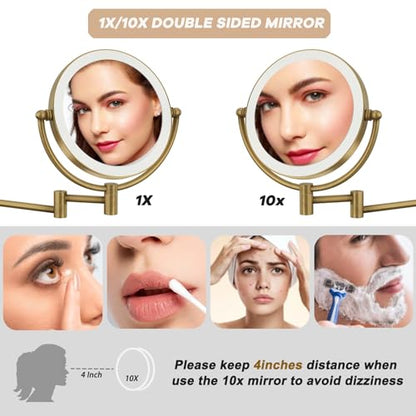 8" Lighted Make up Mirror Wall Mounted 10X Magnifying Hardwired | Double Side 3 Color Lighting Touch Dimming, Bathroom 360 Swivel Extended Arm Light up Vanity Shaving, Brushed Antique Brass - color: Antique Brass