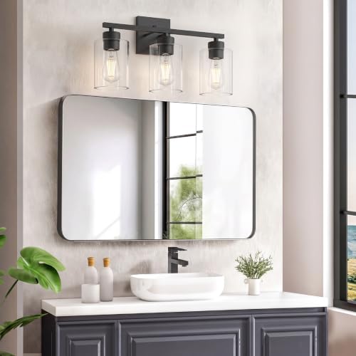 Matte Black Bathroom Vanity Light, 3-Light Vanity Lighting fixtures Over Mirror, Round Design & UL Certification, Wall Sconces with Clear Glass Shades, E26 Socket (Bulbs Not Included) - color: Black-round, size: 3 Light