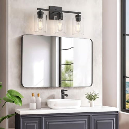 Matte Black Bathroom Vanity Light, 3-Light Vanity Lighting fixtures Over Mirror, Round Design & UL Certification, Wall Sconces with Clear Glass Shades, E26 Socket (Bulbs Not Included) - color: Black-round, size: 3 Light