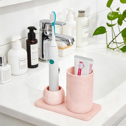Ceramic Toothbrush Holder & Toothbrush Cup with Diatomite Tray for Bathroom, Bathroom Tumbler Cups Reusable Toothbrush Mouthwash Cup, Shower Counter Storage Organizer (Pink) - color: Pink Combination