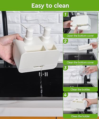 Kitchen Hand Soap and Dish Soap Dispenser Set, Dual Soap Dispenser with Sponge Caddy and Brush Holder 4-in-1 Organizer for Sink Countertop, Useful Kitchen Gadgets - White - color: White