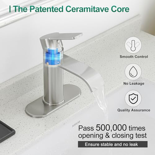 VOTON Bathroom Faucet Brushed Nickel Waterfall with Drain & Deck Plate | Waterfall Spout | Brushed Nickel | Lead-Free SUS 304 | Pop-Up Drain | 1/3 Hole Install | 6 in Deck Plate - color: Brushed Nickel
